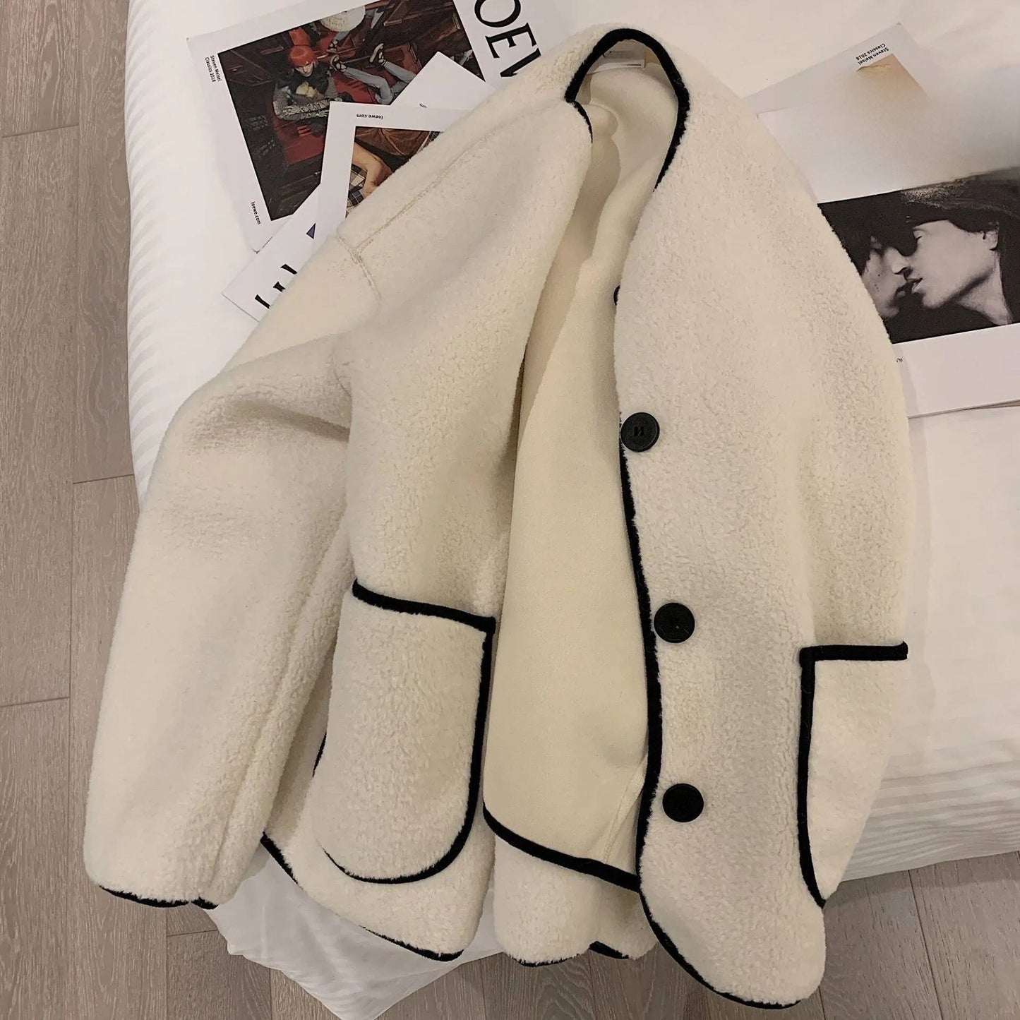 New Winter Loose Short Thickened Lamb Fur Jacket Simple Style Small Size Elegant Top Polyester Fiber Full Sleeve Coat