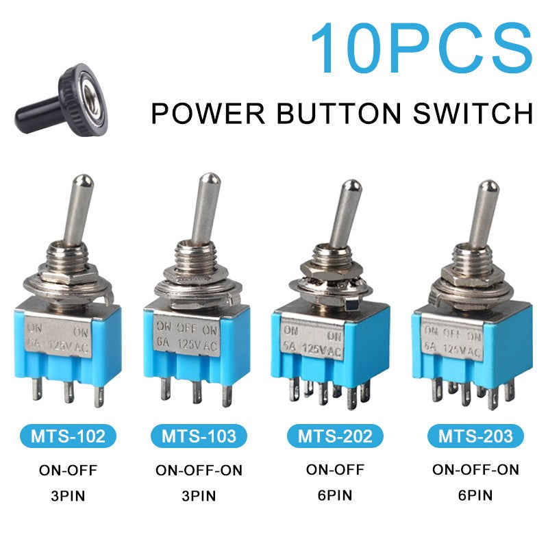 10Pcs Mini Lever Toggle Switch 1/4Inch Mounting Single Pole Double Throw ON-OFF-ON /ON-ON 6A125V/3A250V  MTS-102 103 202 203