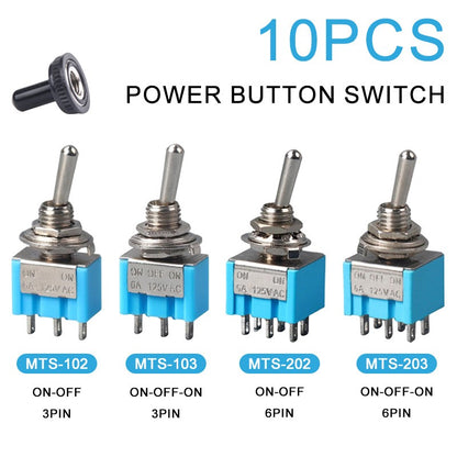 10Pcs Mini Lever Toggle Switch 1/4Inch Mounting Single Pole Double Throw ON-OFF-ON /ON-ON 6A125V/3A250V  MTS-102 103 202 203