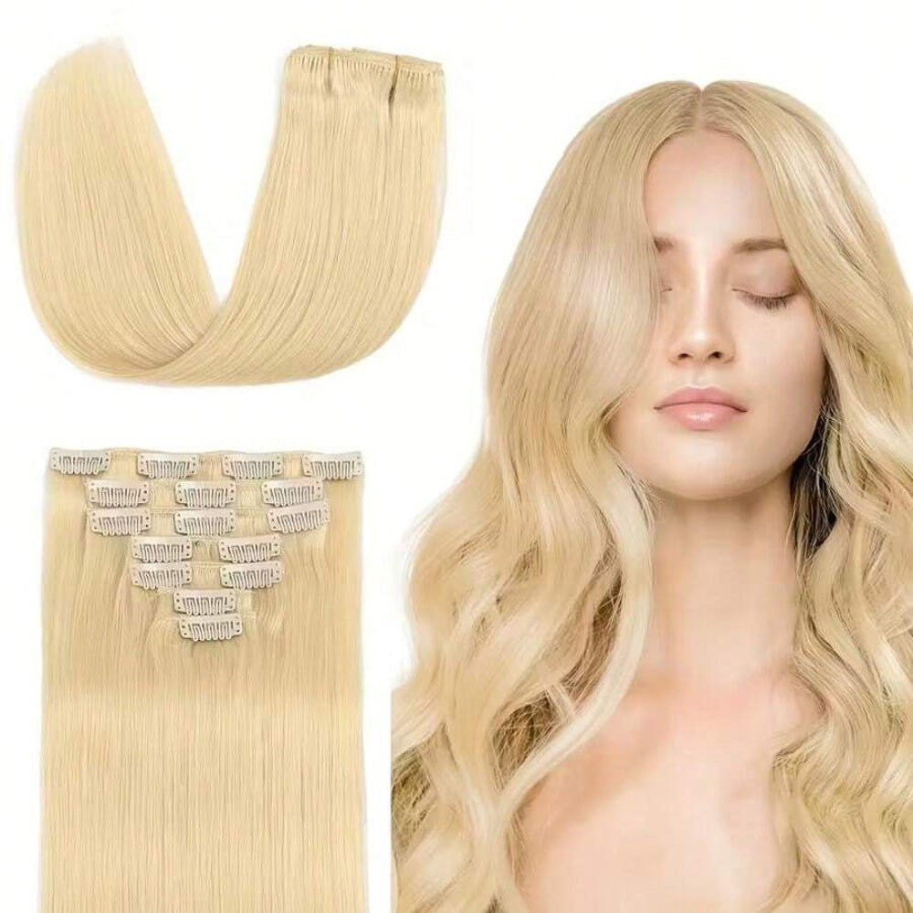 8 peças de Aplique de Cabelo Humano Tic Tac com 18 Clipes, Cabelo Humano Remi Dupla Trama para Mulheres, Loira Cor #613