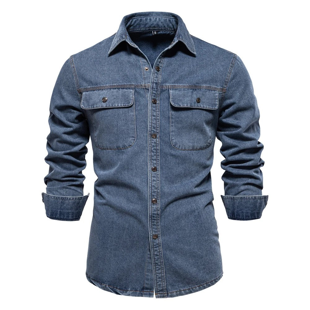 New Autumn 100% Cotton Mens Denim Shirts Solid Color Long Sleeve Cowboy Shirt Coat Fashion Casual Jean Shirt for Men