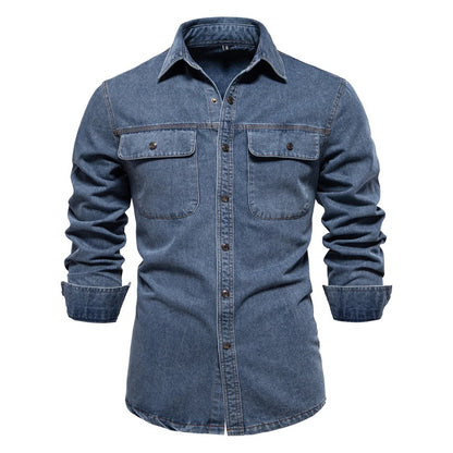 New Autumn 100% Cotton Mens Denim Shirts Solid Color Long Sleeve Cowboy Shirt Coat Fashion Casual Jean Shirt for Men