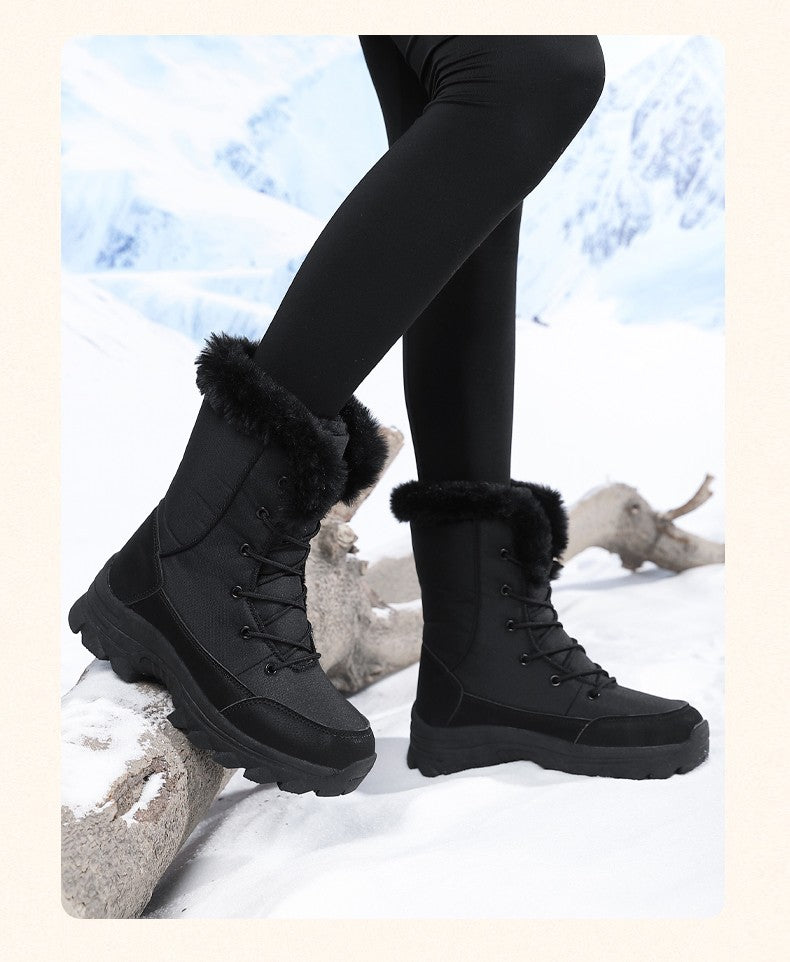 2025 Women's Snow Boots Beige Lace-up Waterproof Antiskid Female New Ankle Boots Walking Shoes plush Winter Warm Mid-Calf Boots