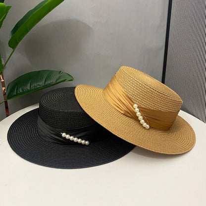 2024 Verão Francês Elegante Chapéus De Palha De Praia Para Mulheres Viseira Boné Ajustado Aba Jazz Viagem Pérola Feminino Casual Chapéu Panamá Quepe