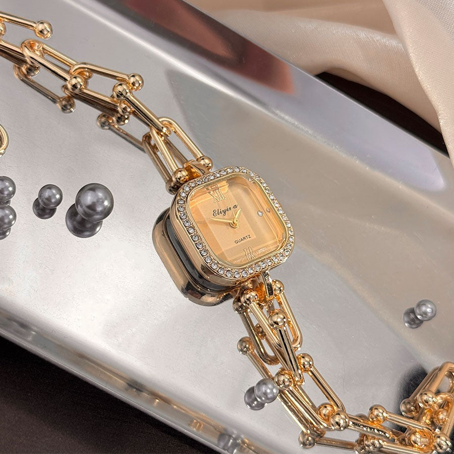 Luxury Minimalist Bracelet Watch Creative Square Multi-Faceted Glass Quartz Movement Chain Mid-century Small High-End Acces