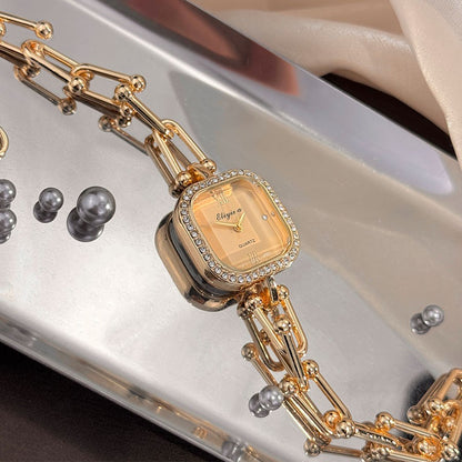 Luxury Minimalist Bracelet Watch Creative Square Multi-Faceted Glass Quartz Movement Chain Mid-century Small High-End Acces