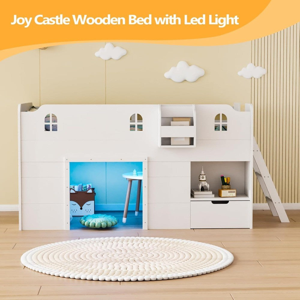 Cama Loft JOYMOR de Solteiro com Luz Led, Cama Baixa com Gaveta de Armazenamento, Design Moderno de Casa de Fazenda com Grade de Castelo Branca