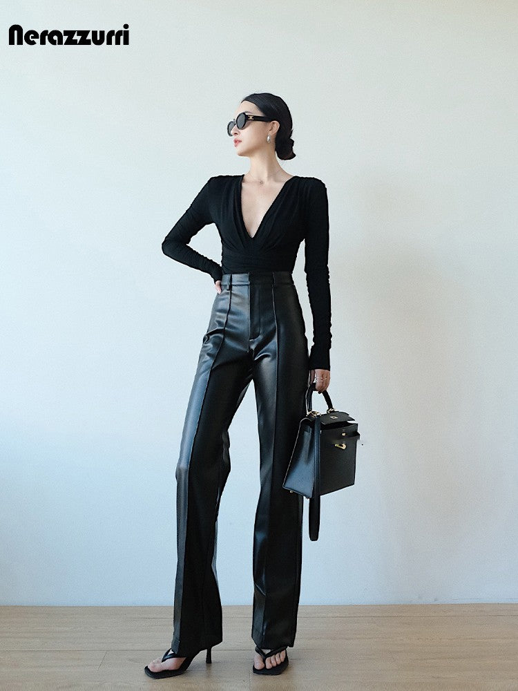 Nerazzurri Stylish Chic Black Soft PU Leather Straight Pants Women High Waist Autumn Winter Ladies Faux Leather Trousers 2023