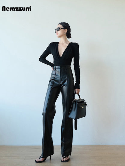 Nerazzurri Stylish Chic Black Soft PU Leather Straight Pants Women High Waist Autumn Winter Ladies Faux Leather Trousers 2023