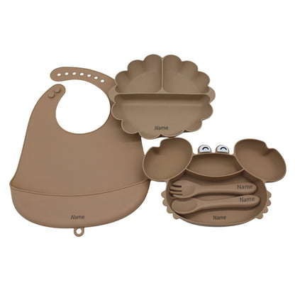 Free Name Printing Children's Tableware Set: Bib, Plate, Fork, Spoon - Silicone Material Personalized Gift