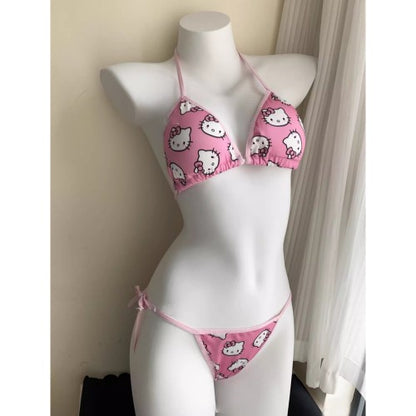 2Pcs Sanrio Cute Swimsuit Hello Kittys Girl Kawaii New Style Bikini Vacation Comfortable Two Piece Set Cartoon High End Gifts