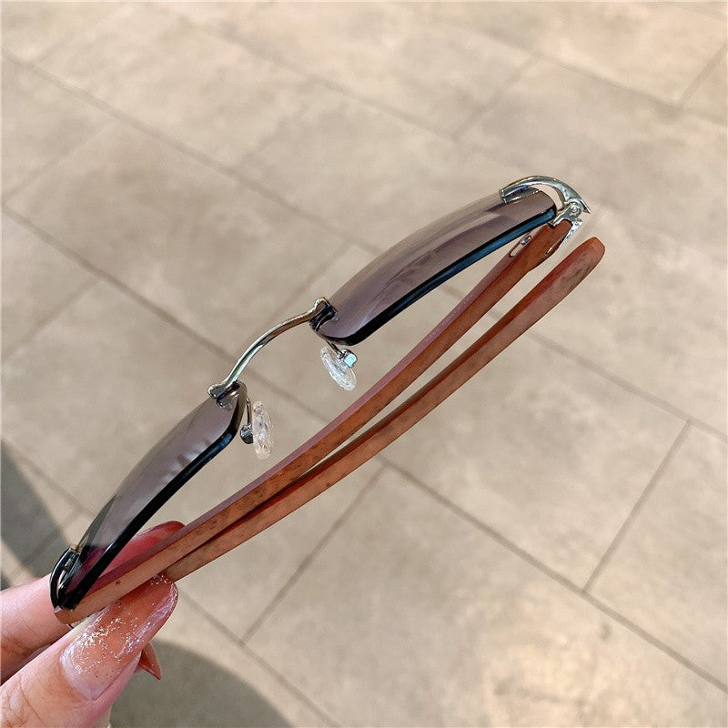 KAMMPT Rimless Sunglasses For Men Women Wooden Pattern Luxury Brand Retro Sun Glasses Fashion Shades UV400 Travel Outdoor