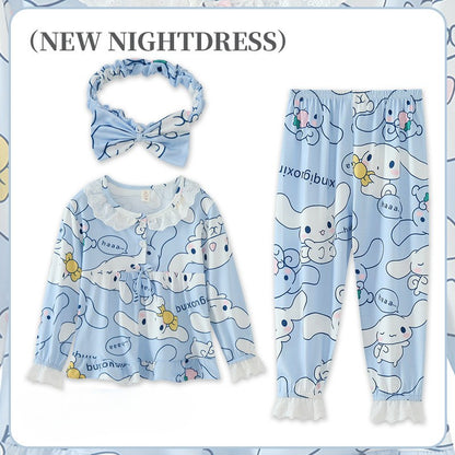 Sanrio Girls Pajama Sets Causal Lace Trimmings Soft Comfortable Kids Night Clothes Set Beautiful Gal Breathable Indoor Costume