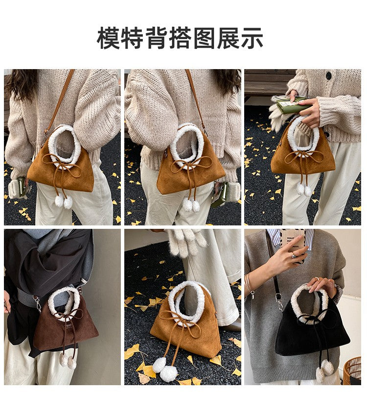 Faux Suede Solid Color Bow Hairy Cute Women's Handbags Christmas Gift Giving Fashion Bags 2025 Autumn/winter New Shoulder Bags