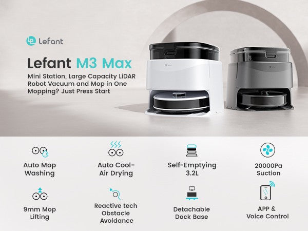 Lefant M3 Max Robot Vacuum, Robot Vacuum and Mop, 20000Pa Suction, Anti-Tangle Brushes, Dual Spinning Mop, Auto Mop Washing