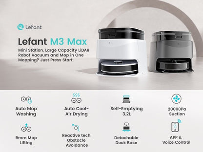 Lefant M3 Max Robot Vacuum, Robot Vacuum and Mop, 20000Pa Suction, Anti-Tangle Brushes, Dual Spinning Mop, Auto Mop Washing