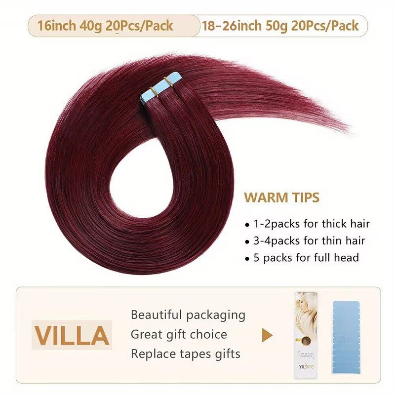 Extensões de Cabelo Borgonha com Fita Adesiva, Cabelo Humano Real, Extensões Vermelhas #99j Preto para Prata Liso para Mulheres