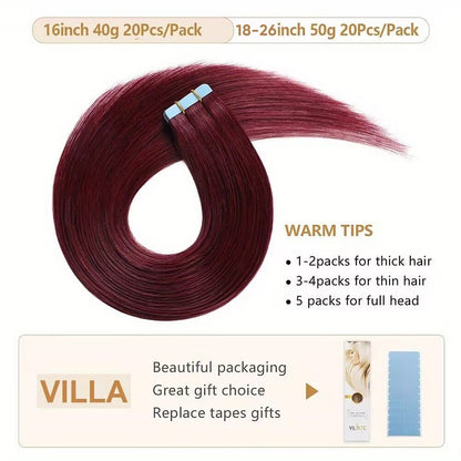 Extensões de Cabelo Borgonha com Fita Adesiva, Cabelo Humano Real, Extensões Vermelhas #99j Preto para Prata Liso para Mulheres