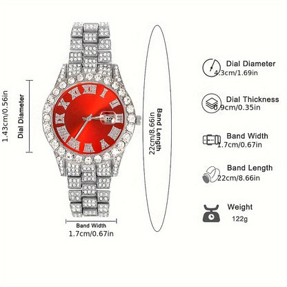 4pcs/set Mens Bling Wrist Watch & Hip Hop Cuban Chain Necklace Set - Rhinestone Accented, Round Dial, Electronic Quartz Movement