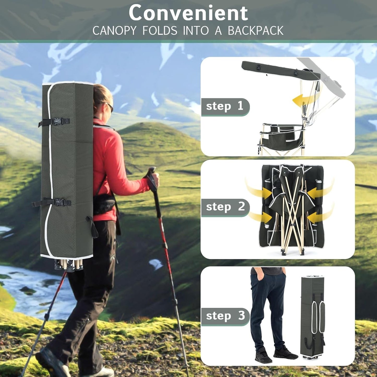 Cadeira de Acampamento CQ com Toldo, Cadeiras Esportivas para Adultos, Cadeira com Toldo e Apoio de Pés Removível, Cadeira para Pesca no Gelo com Porta-Copos