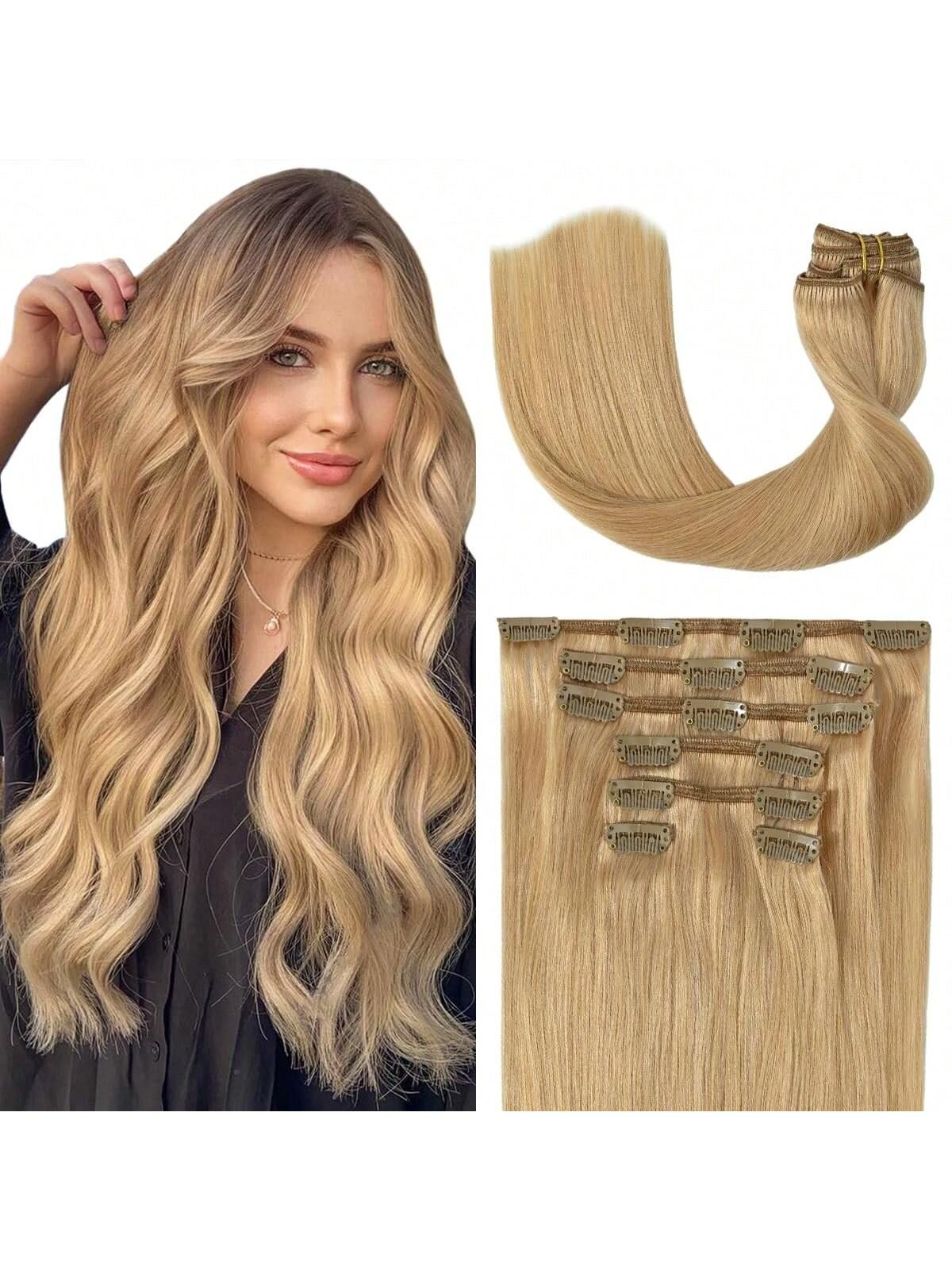 Aplique de Cabelo Humano Loiro com Grampo, Extensões de Cabelo com Grampo, 8 Peças, Trama Dupla, Pontas de Cabelo Humano #613