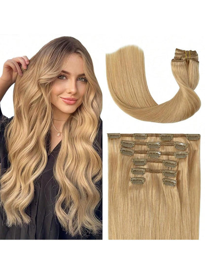 Aplique de Cabelo Humano Loiro com Grampo, Extensões de Cabelo com Grampo, 8 Peças, Trama Dupla, Pontas de Cabelo Humano #613