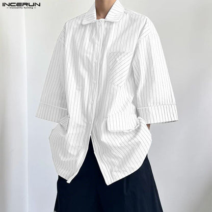 INCERUN Men Striped Shirt Lapel 3/4 Sleeve Oversize Casual Men Clothing Streetwear Korean Style Loose Fashion Tops Male Shirts