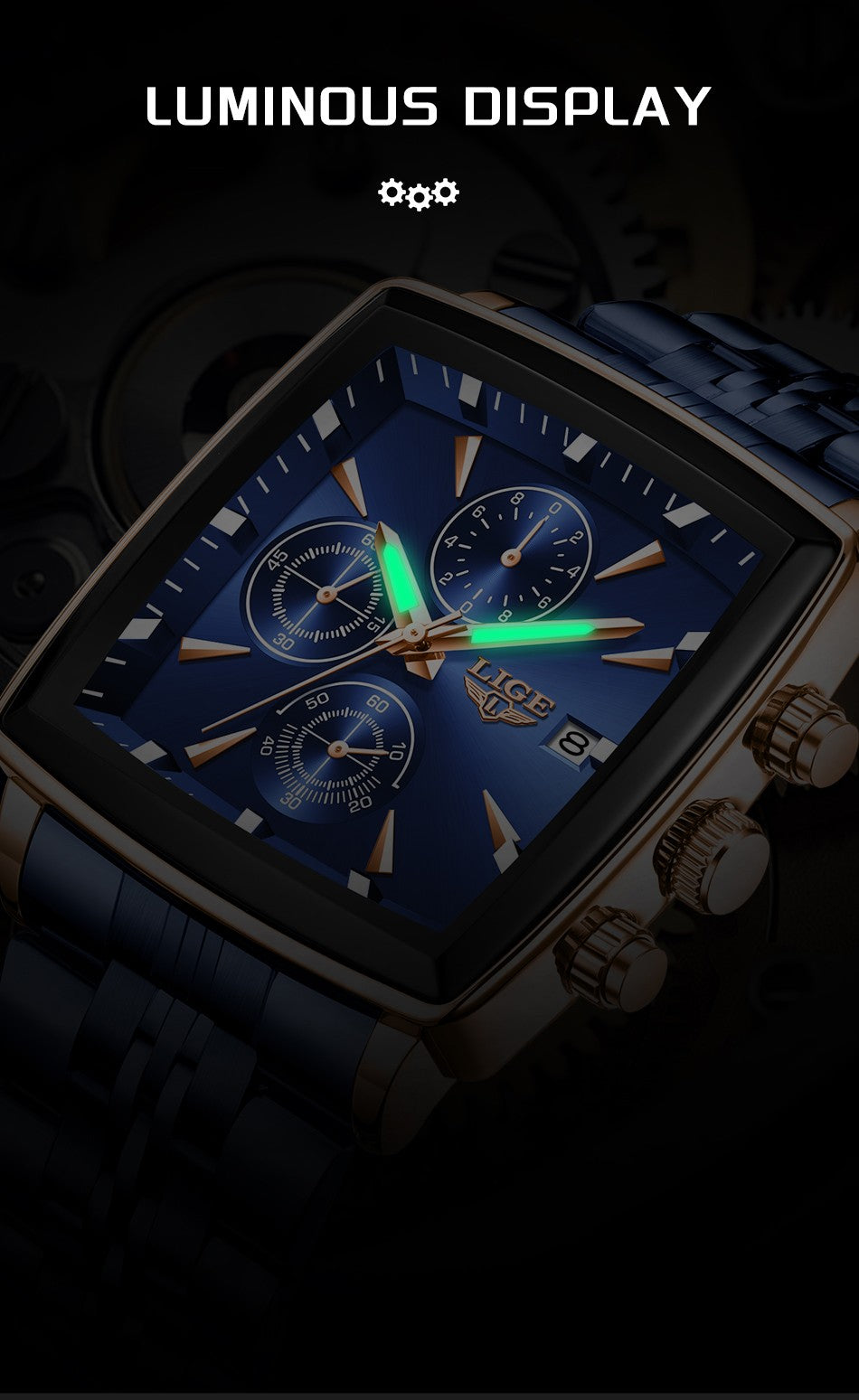 LIGE Top Brand Luxury Mens Watches Fashion Military Square Chronograph Quartz Wristwatches For Men Sports Waterproof Watch Men