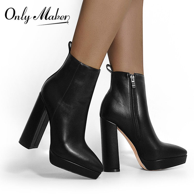 Onlymaker Women Pointed Toe Ankle Boots Black Matte Flock Chunky Heel Platform Booties Party Shoes Large Size Short Boots