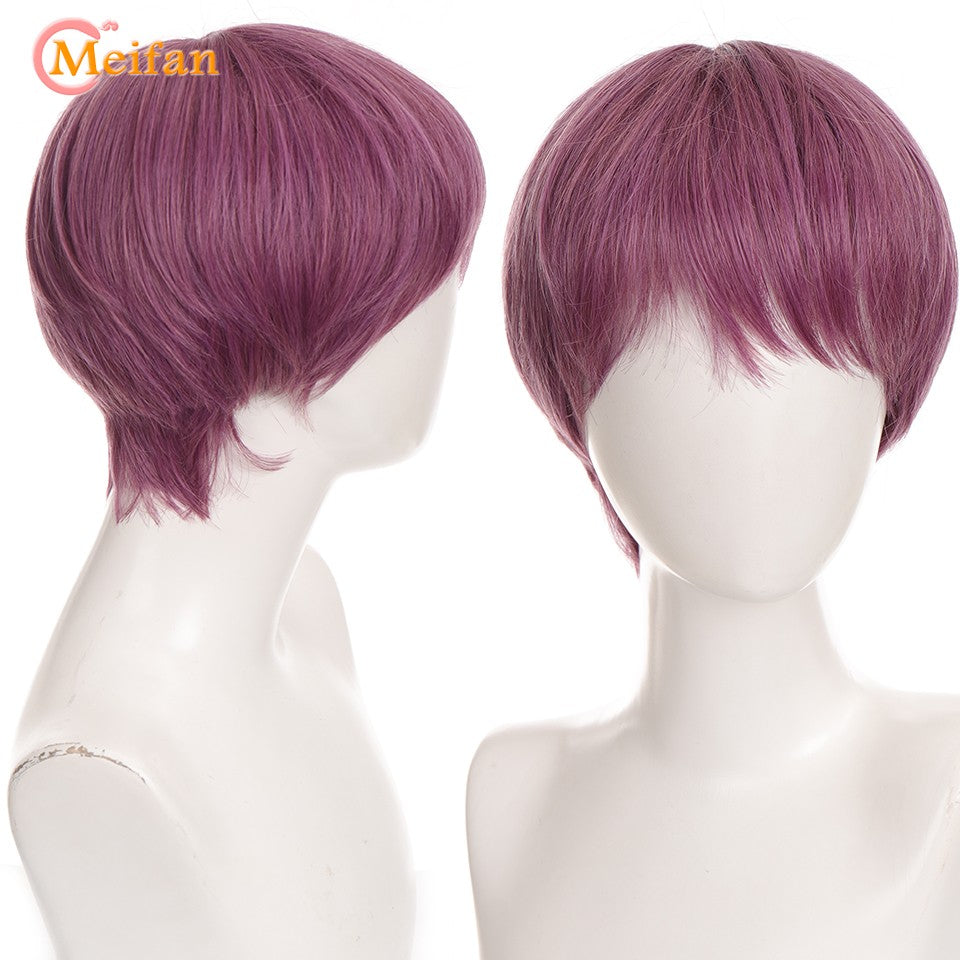 Peruca MEIFAN Sintética Curta para Cosplay Lolita Anime Masculina Cabelo Liso Masculino Fibra de Alta Temperatura Rosa Azul Louro Ombré Preto Peruca