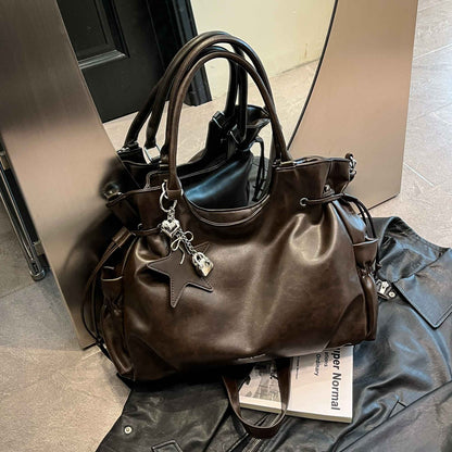 Luxury Glossy Crossbody Bag with Star Charm and Lock Pendant PU Shoulder Bag Spacious Water Resistant Zip Tote for Commute