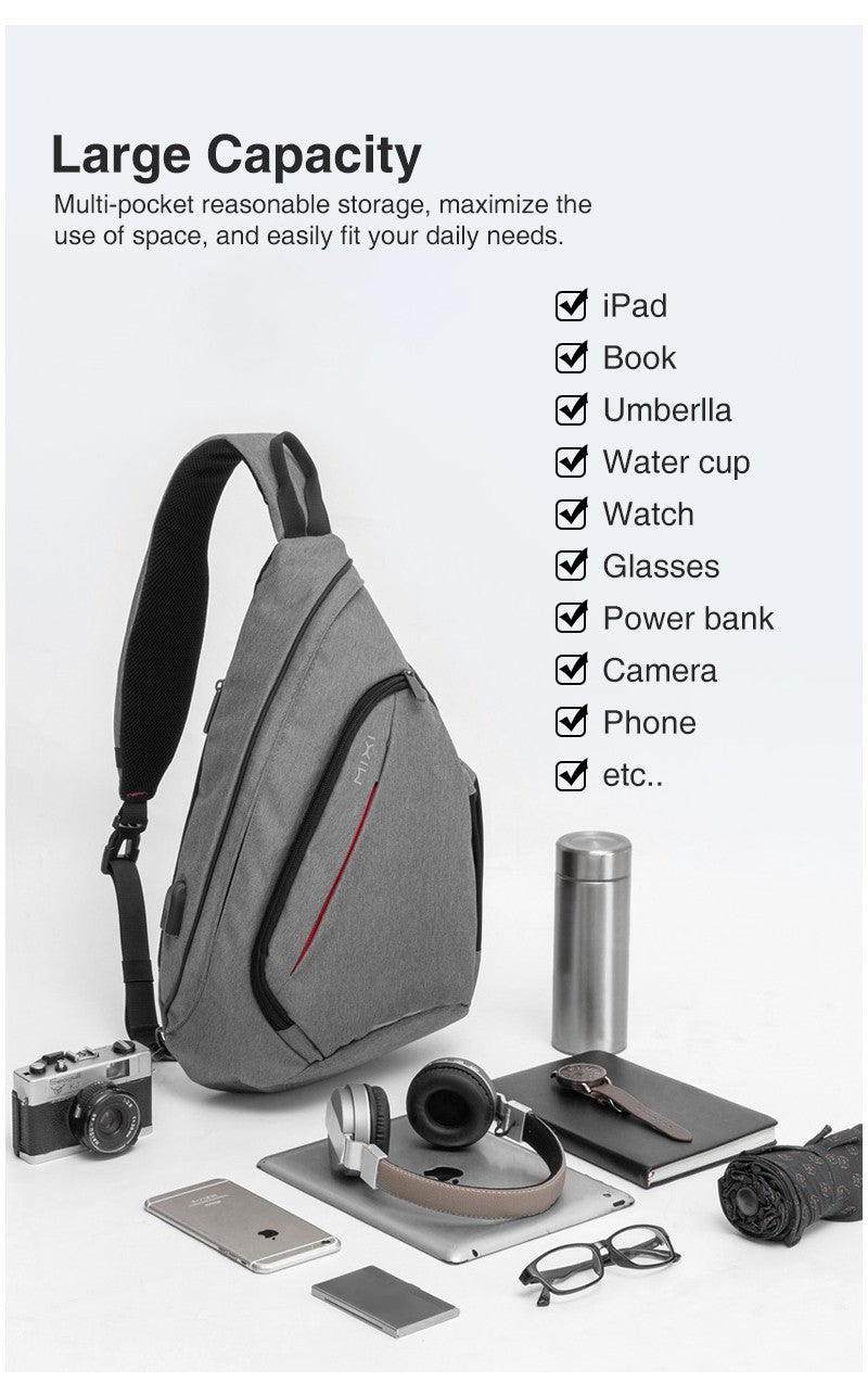 Mixi Men One Shoulder Backpack Women Sling Bag Crossbody USB Boys Cycling Sports Travel Versatile Fashion Bag Student School