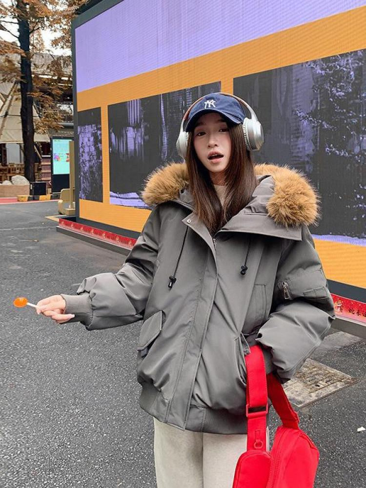 Winter Solid Long Sleeve Hooded Down Cotton Coat Tops Korean Women's Single Breasted Zipper Hooded Cardigan Short Jacket Thick