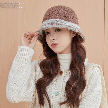 New Warm Luxury Bucket Hat For Women Plush Patchwork Autumn Winter Wool Felt Stripe Large Bucket Hat Colorful Faux Fur Hat Cap