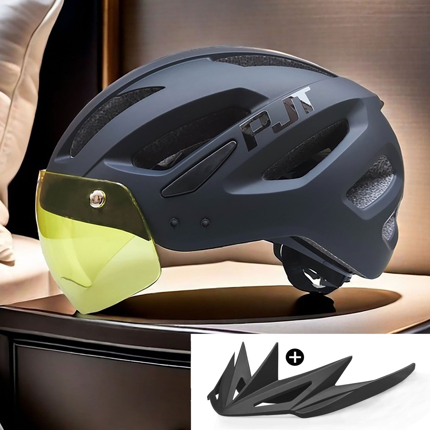 PJT Adult Bike Helmet With Rechargeable LED Rear Light Dual Mode Goggle Cycling Helmet MTB Lightweight Breathable Bicycle Helmet