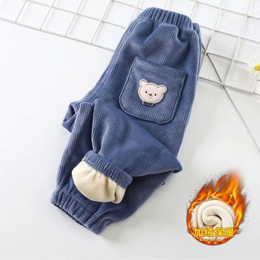 1pcs Boy Girl Winter Velvet Corduroy Kids Pants Little Bear Cartoon Mid Waist Warm Pantalones Baggy Thick Plush Children Trouser