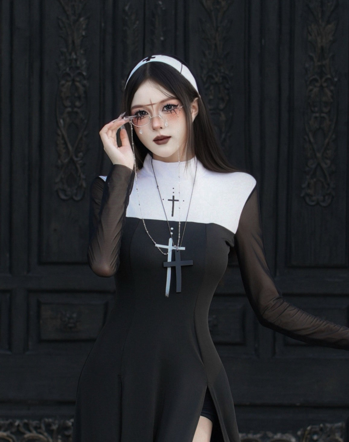 Sexy Nun Cosplay Costume Gothic Black Split Long Dress with Head Veil Halloween Carnival Party Fancy Dress for Women Nun