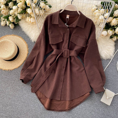 Women Spring Autumn Shirts Retro Cargo Style Pockets Long-Sleeved Shirt Puff Sleeve Bandage Nipped Waist Tops Female PL438
