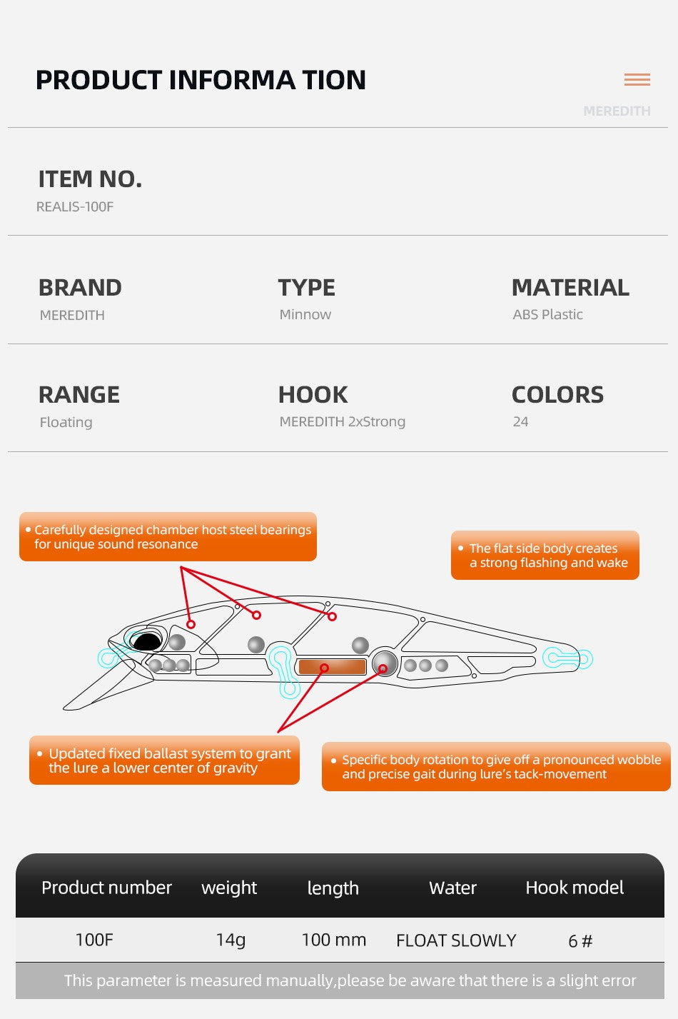MEREDITH JERK MINNOW 100F 14g Flutuante Wobbler Isca de Pesca 24 Cores Isca Minnow Isca Dura Qualidade Profissional Profundidade0.8-1.0m
