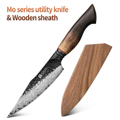 XINZUO 5.5" utility knife, 67 - Layer Damascus Masterpiece, forged with super steel, offers unrivaled sharpness and durability.