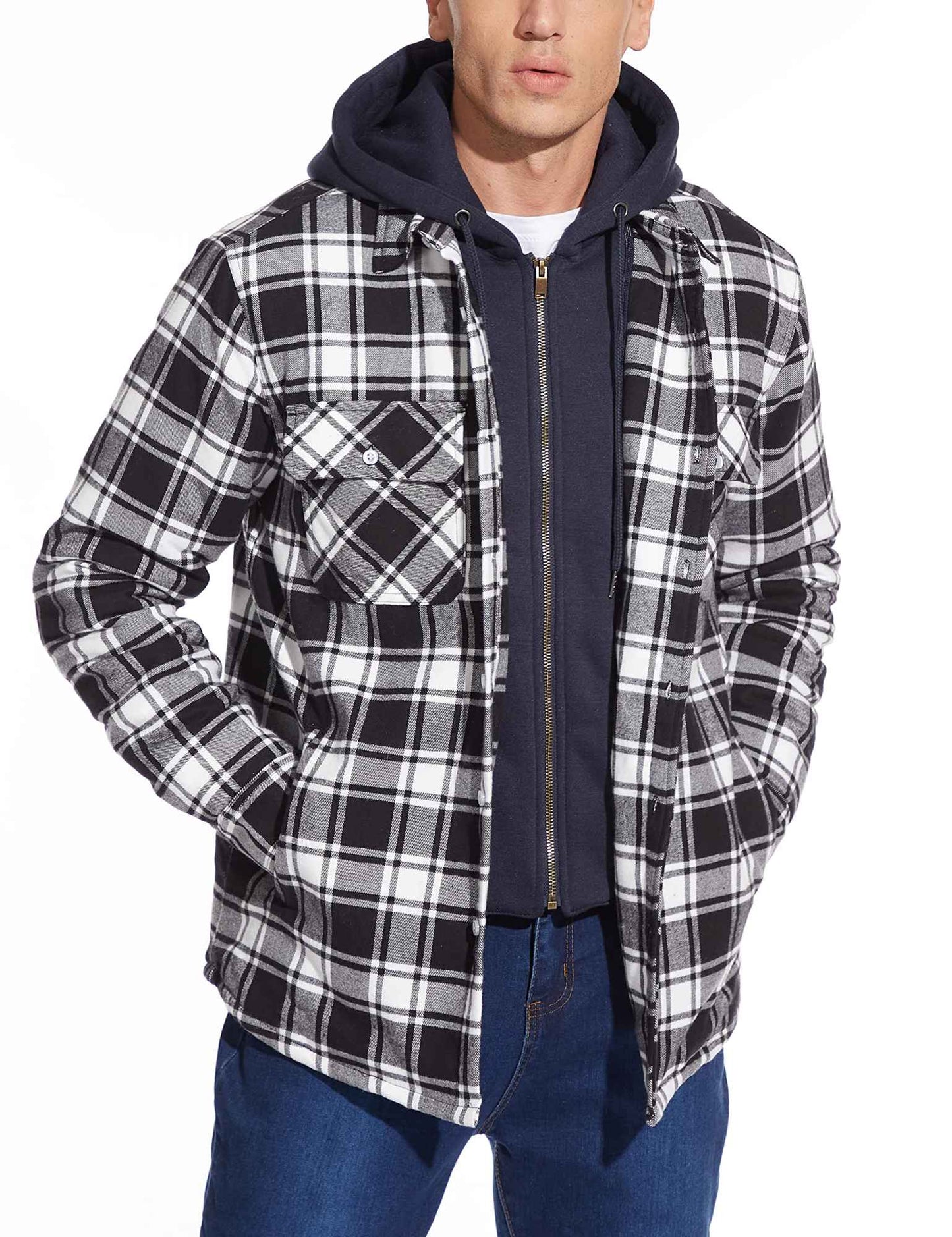 MAGCOMSEN Men's Flannel Jacket with Removable Hood 5 Pockets Plaid Quilted Lined Winter Coats Thick Hoodie Outwear Fleece Jacket