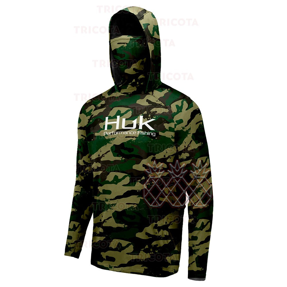 Camisas de Pesca HUK Masculinas Máscara Manga Longa Roupas de Pesca Ao Ar Livre Roupa UV Casaco com Capuz Upf Protetor Solar Respirável Tops de Pesca