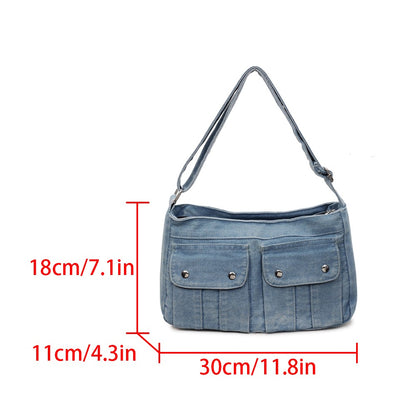 Vintage Washed Canvas Fashionable Bag, Women's Crossbody Bag, Large Capacity Commuting Casual Denim Shoulder Bag