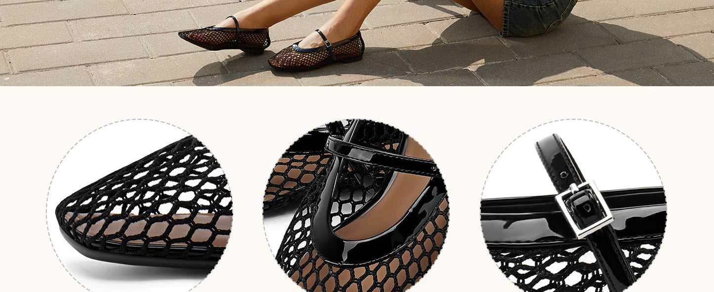 Women‘s Mesh Ballet Flats Comfortable Square Toe Ballerina Flats Buckle Strap Casual Fishnet Flat Shoes
