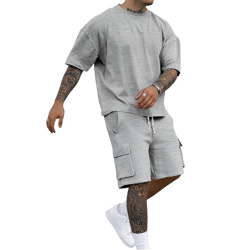 Summer new men's round neck short sleeve T-shirt shirt shorts two-piece suit loose large size ice
