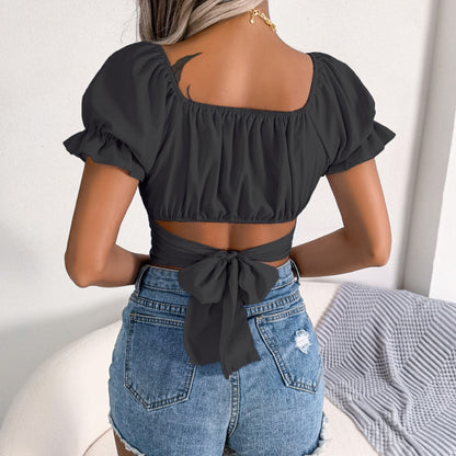 Women Casual Short Sleeve Square Collar Crop Top Summer Chiffon Blouse 2023