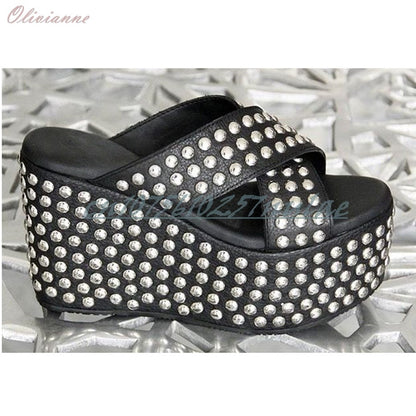 Punk Cool Style Many Round Metal Rivets Decor Slippers Wedges High Heel Cross Tied Sexy Women Shoes 2025 Zapatos Para Mujere