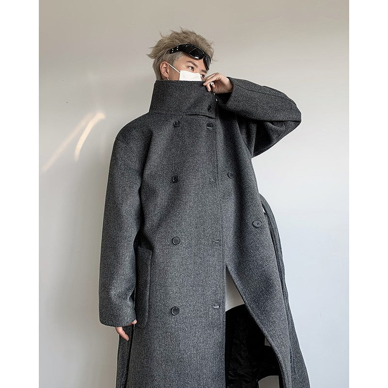Men's Double-Breasted Wool Blend Overcoat with Belt Loose Fit Solid Color Stand Collar Mid-Length Trench Coat for Autumn Winter