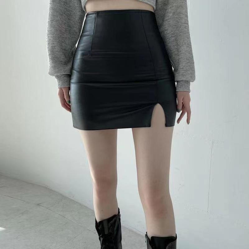 Xpqbb Balck PU Leather Mini Skirt Women Sexy Skinny High Waist Side Split Hip Skirts Autumn New Korean Office Lady Short Skirt