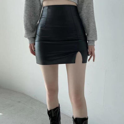 Xpqbb Balck PU Leather Mini Skirt Women Sexy Skinny High Waist Side Split Hip Skirts Autumn New Korean Office Lady Short Skirt